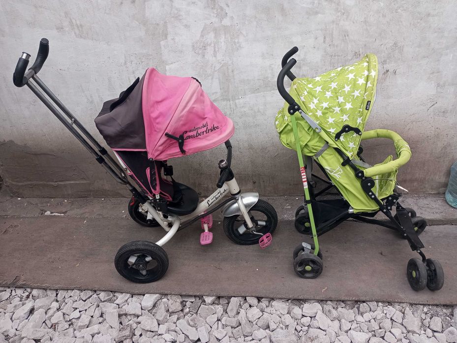 Детский трехколесный велосипед с ручкой коляска складная трость
