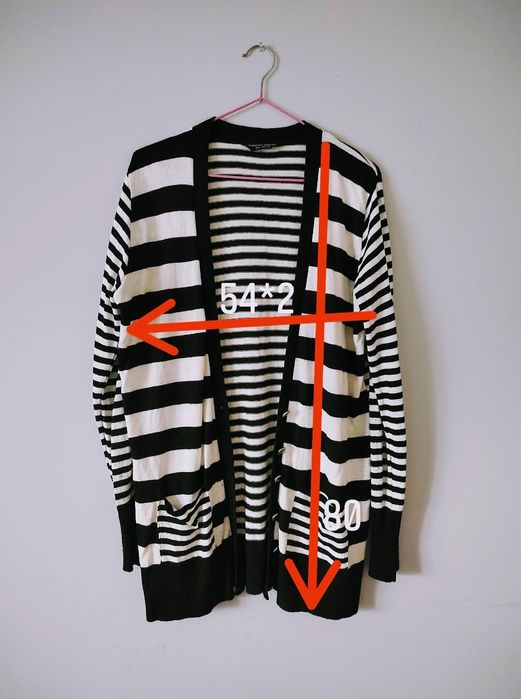 Sweter, kardigan długi, damski w paski, r.44