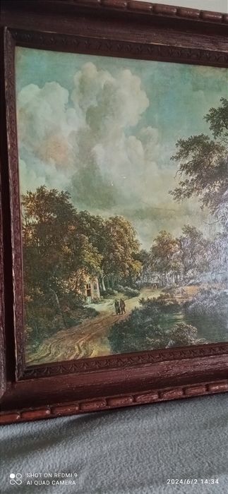 Oleodruk pejzaż w pięknej ramie.