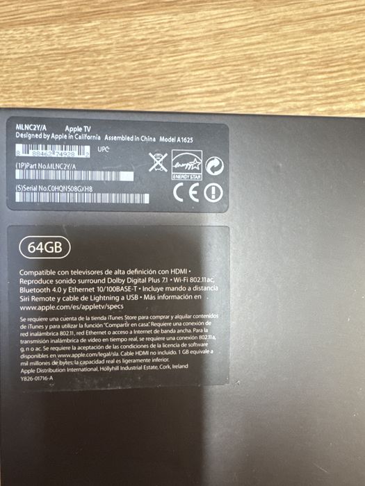 Apple Tv 64 gb WiFi, Dolby Digital , ethernet