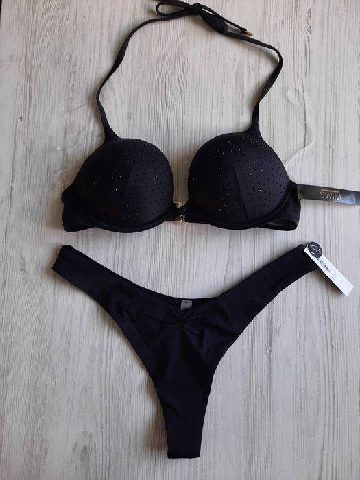 Купальник со стразами Victoria's secret пуш-ап варианты стразы XS S M черный с камнями со стразами высокий вырез на ногу бразилиана бюстгальтер 80Д