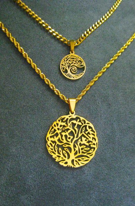 Colar Aço Dourado Ãrvore da Vida c/ Fio Grosso NOVO