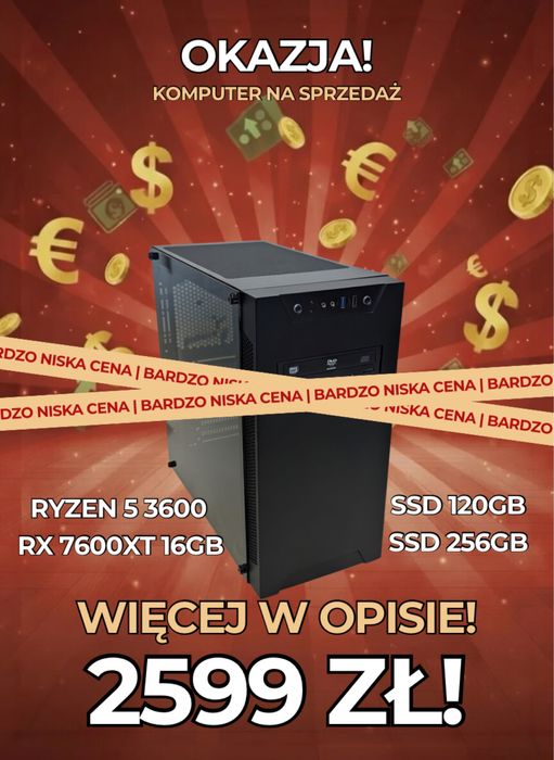 Komputer PC, R5 3600, 7600XT 16GB, 16GB RAM, SSD 120GB, SDD 256GB,