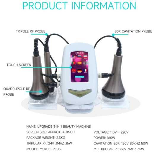 Máquina emagrecimento Cavitação 80k e Rádio Frequência Corpo e Rosto