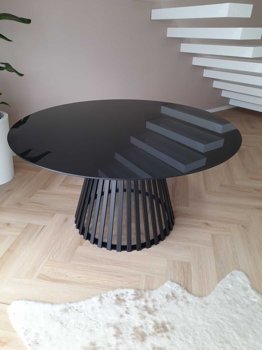 OKRĄGŁY Stół Szklany Loft Industrialny średnica 140 cm 8 osób Czarny