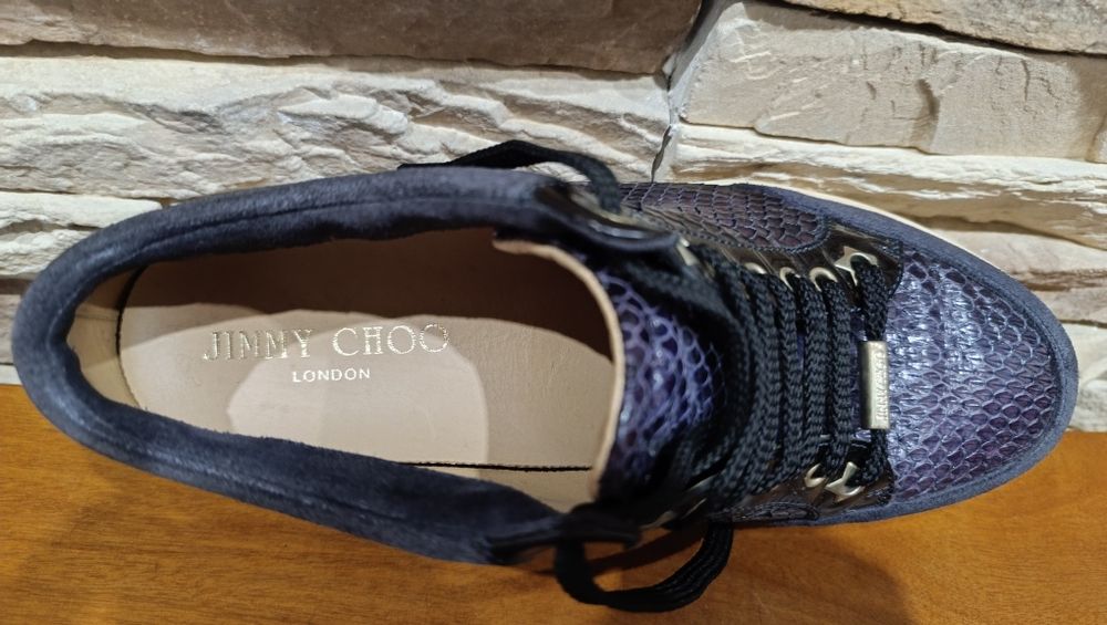Tênis Jimmy Choo em couro de cobra roxo/preto, camurça e couro