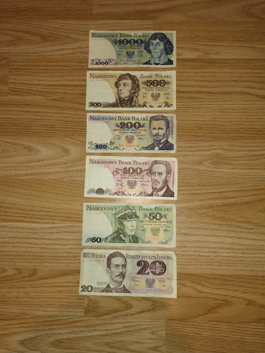 Banknoty 20,50,100,200,500,1000.