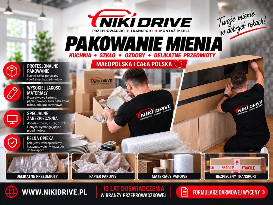 Przeprowadzki Wieliczka | Transport • Pakowanie • Montaż mebli | Niki Drive