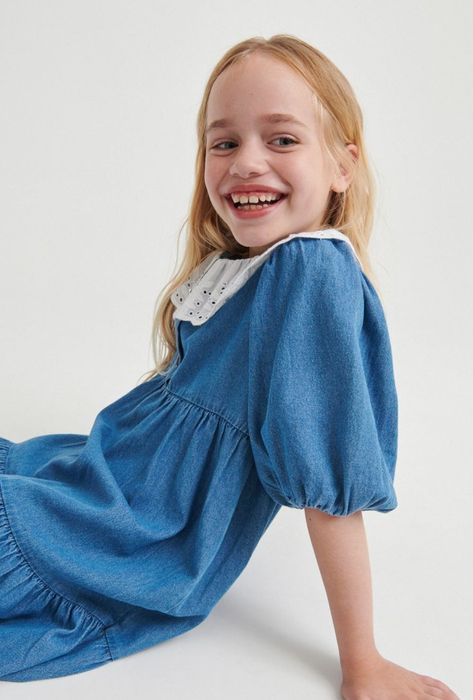 RESERVED sukienka granatowa  biały midi falbany dżinsowa rozm.152