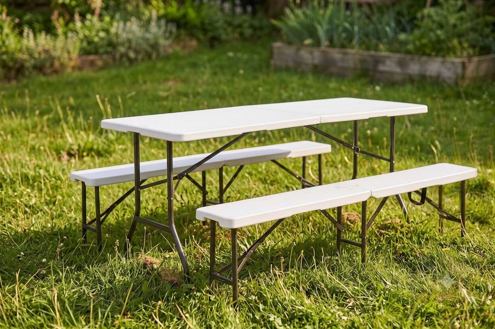 Nowy Zestaw Cateringowy Stół Bankietowy 180 cm + 2 Ławki Składany Biały HDPE dla 8 Osób Ogród Catering Event