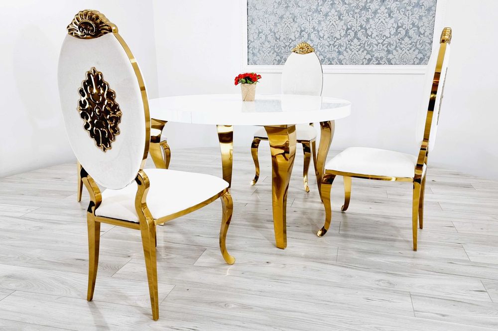 Jadalnia stół okrągły 130/160 rozkładany + 4 krzesła Gold złote