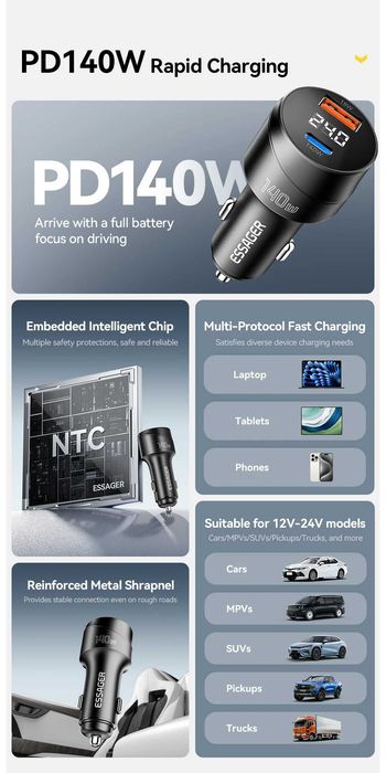 Потужний Автомобільний зарядний пристрій Essager 140W LED (Type-C + USB) Метал, Вольтметр. Автозарядка з Вольтметром. Надійна зарядка