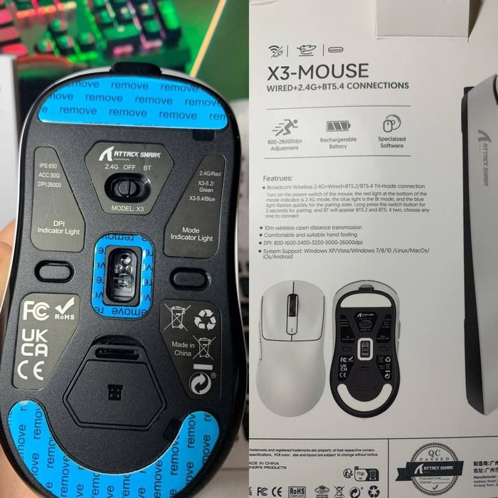 Attack shark X3 Paw3395+Гріпси Бездротова ігрова миша на акумуляторі