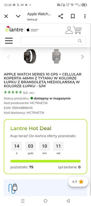 Apple watch series 10 GPS + Cellular 46mm koperta z tytanu Łupek