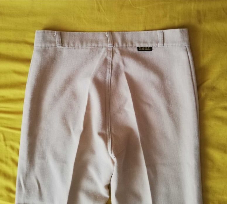 spodnie lniane proste beż w kantkę na wysoką Marshal pas 70cm