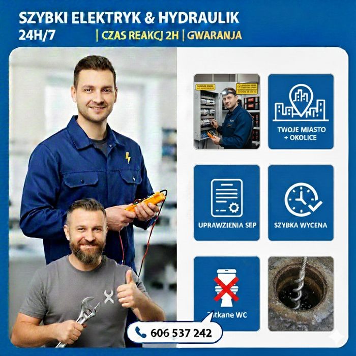 Elektryk Hydraulik  udrażnianie rur  kanalizacji pog tech 24h/7 wuko