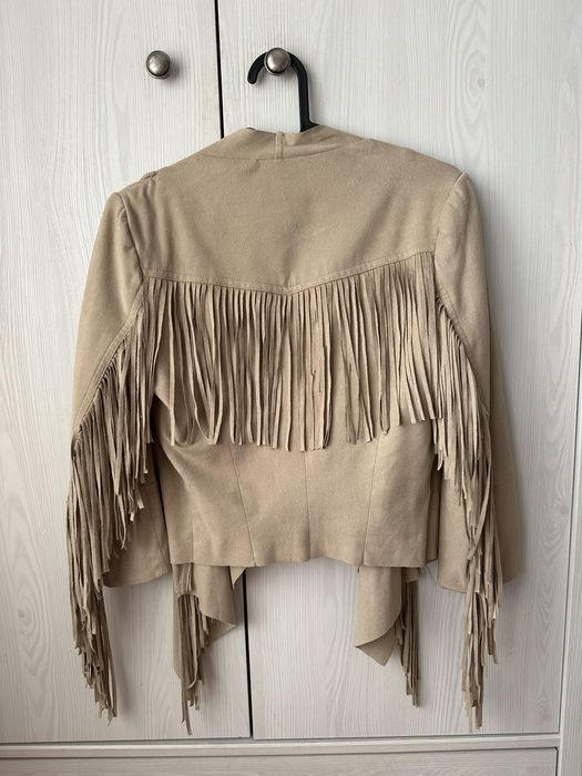Beżowa kurtka / narzutka / marynarka Bershka 36 s Boho frędzle zamsz