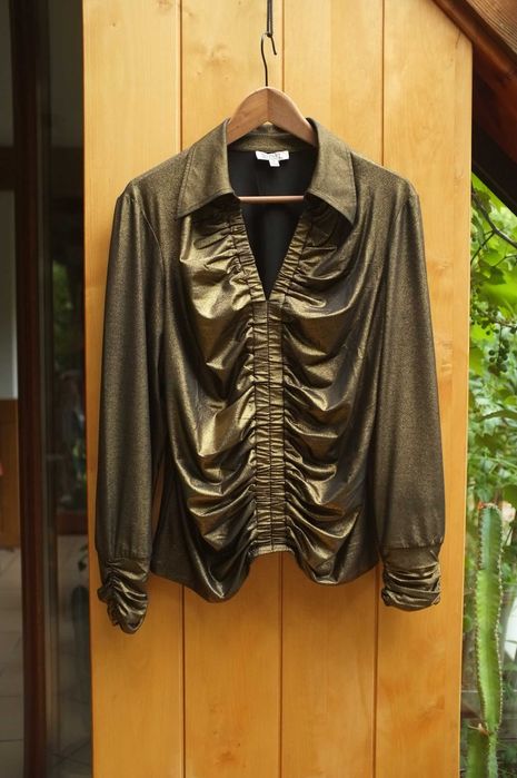 złota metaliczna wieczorowa marszczona bluzka Badgley Mischka brokat