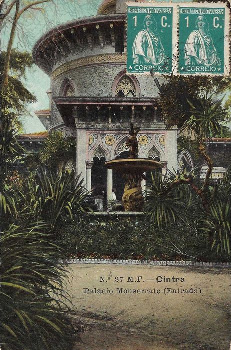 Postal ilustrado antigo 1913 - SINTRA MONSERRATE - censura militar  1ª GRANDE GUERRA - selos ceres