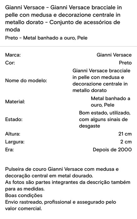 Pulseira VERSACE em Couro com banho em Ouro de 24k