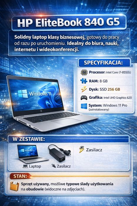 Szybki laptop do pracy i nauki – HP i7 8GB SSD 256 Win11 Pro