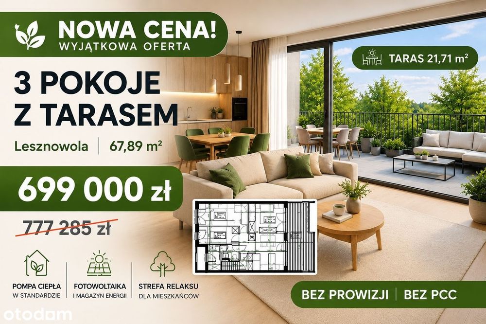 3 pokoje | 69m² | taras 22 m ²| Standard Premium| Bez prowizji i pcc