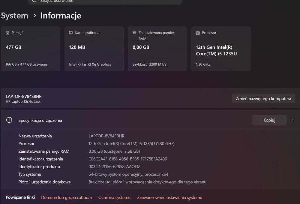 Laptop HP 15s i5-1235U STAN IDEALNY