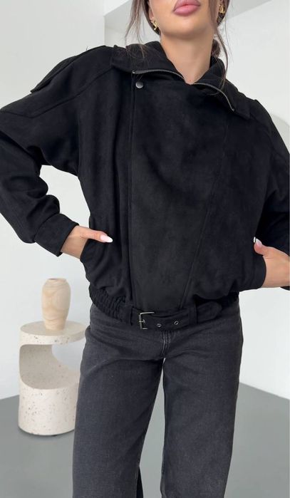 Жіноча замшева куртка демісезонна чорна/шоколад весна-осінь S–L