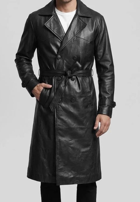 Klasyczny Skórzany Płaszcz Męski Trencz Vintage [M/L/PRL] – Czarny, Skóra Naturalna