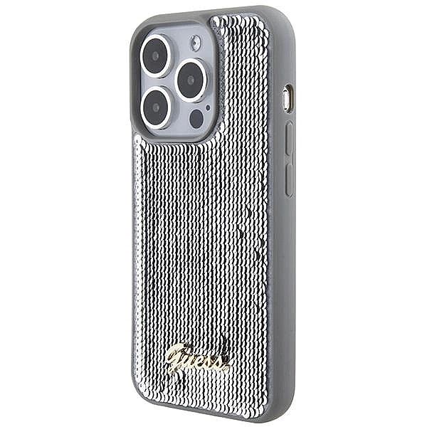 Etui Guess Sequin Script Metal na iPhone 15 Pro - srebrne