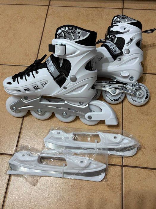 Rolki Łyżworolki Regulowane 4w1 Rozmiar 39-42 Biało-Czarne + Kółka LED