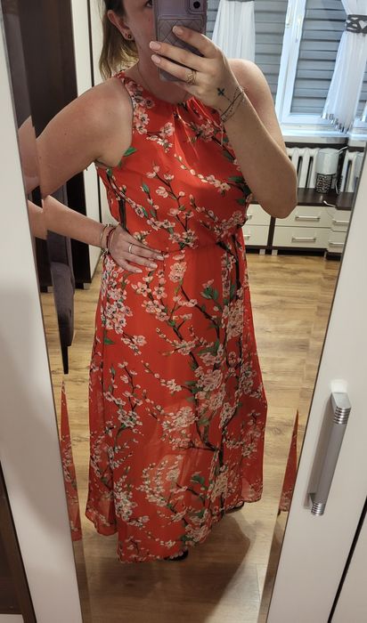 Suknia w kwiaty czerwona długa z rozporkami rozmiar 14 na podszewce