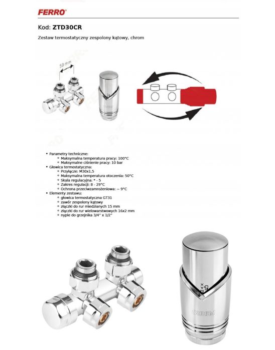 Termostat łazienkowy - FERRO zestaw termostatyczny chrom
katowy, chrom