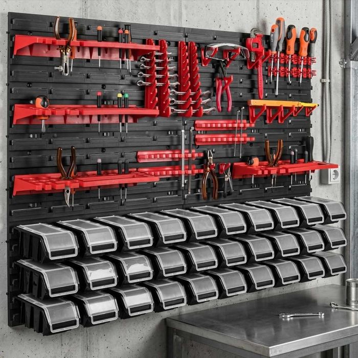 Tablica narzędziowa ścianka warsztatowa 115x78 cm 30 kuwet z pokrywą 4 półki uchwyty na klucze haki organizer do garażu NOWY GWARANCJA 24M + GRATIS