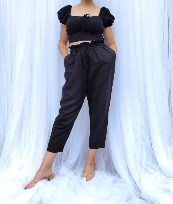 Spodnie czarne M 38 H&M len lniane wiskoza wideleg szerokie boho