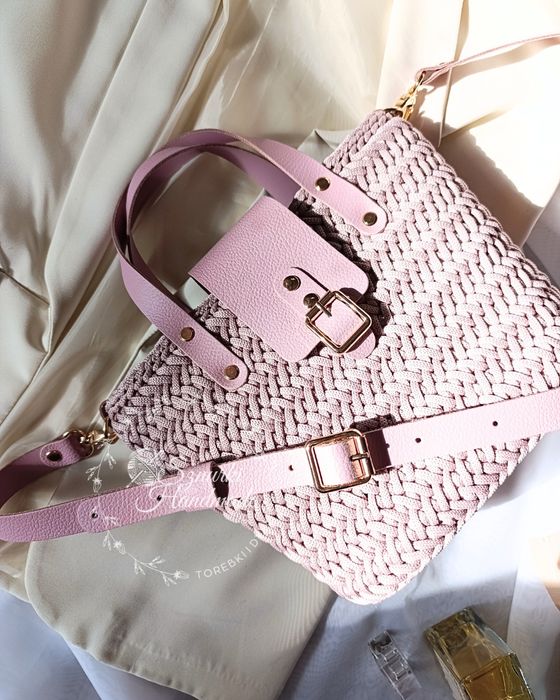 Torebka koszyk szydełkowana skóra naturalna brudny róż