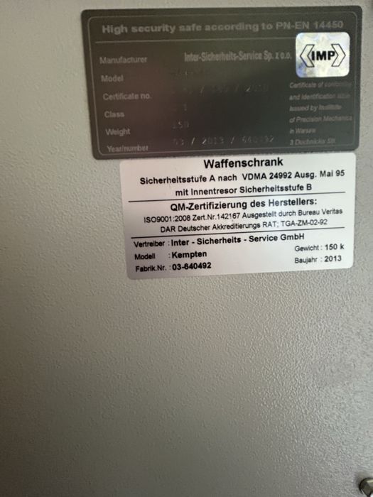 Szafa na Broń marki ISS, model Kempten klasy S1