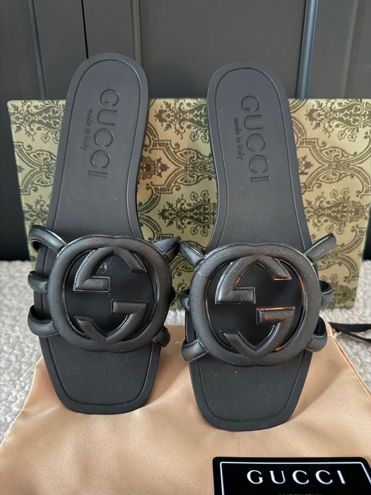 Klapki Gucci nowe czarne box Logo top 38