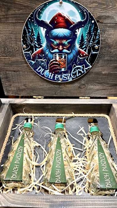 Skrzynka drewniana HandMade Butelki Świąteczny prezent Duch Puszczy
