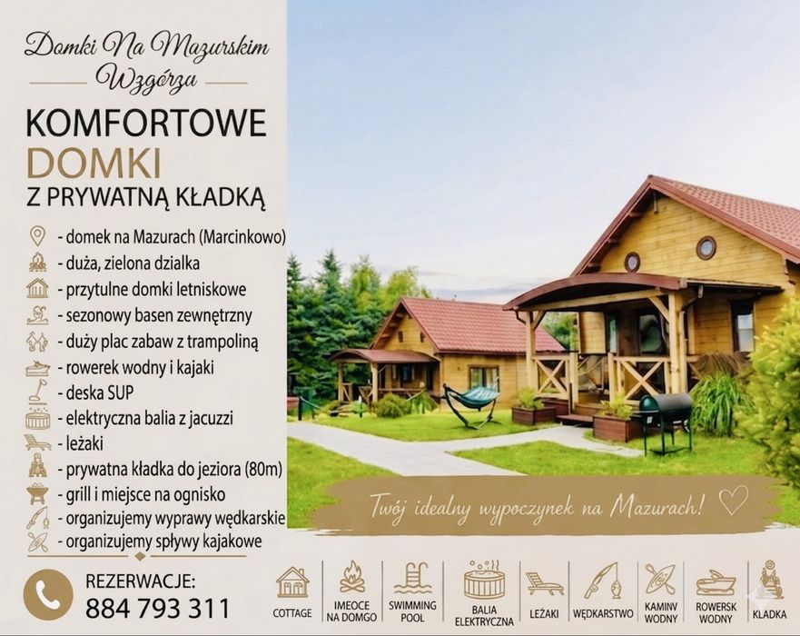 Domki Na Mazurskim Wzgórzu/JEZIORO/Basen/Jacuzzi/Kajaki/MAZURY 2026