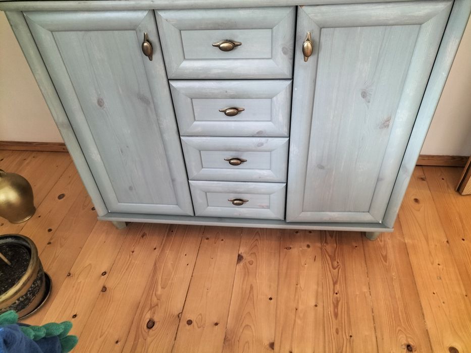 komoda, słupek, szafka narozna. Meble retro zielone przecierane bialym