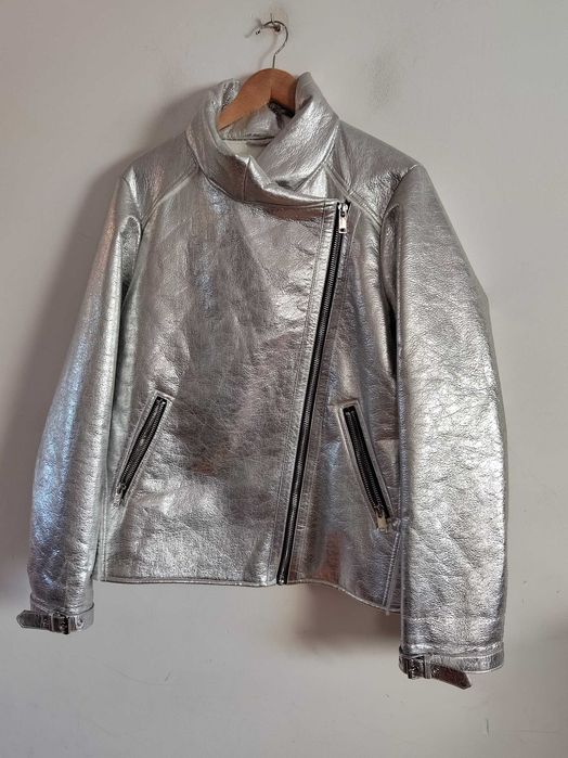 Srebrna kurtka Ramoneska ocieplana Metallic Look 44
