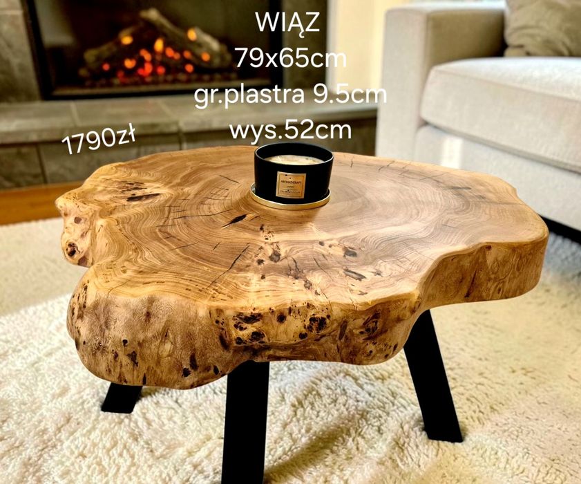 Stolik kawowy 79x65cm PIĘKNY OKAZ LIVE EDGE plaster drewna loft