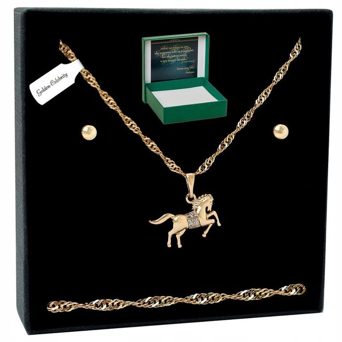 Pozłacany Komplet Biżuterii Ze Stali Chirurgicznej Naszyjnik Koń + Kol