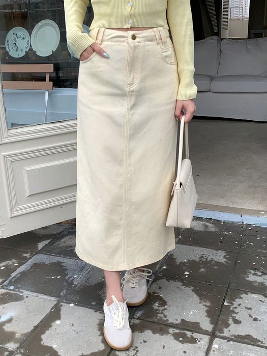 Spódnica  Jeansowa Maxi Bawełniana Prosta Beżowa Dazy Xs 34