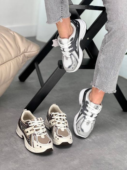 Стильні  шкіряні, сітка кросівки беж, сірі , N