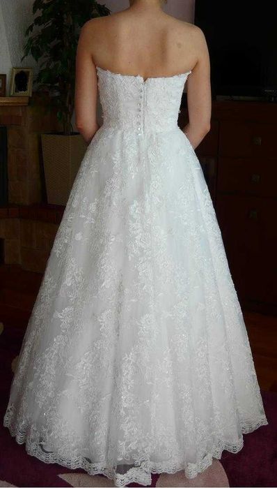 KORONKOWA suknia ślubna 36 S boho BIAŁA linia A koronka cała z koronki