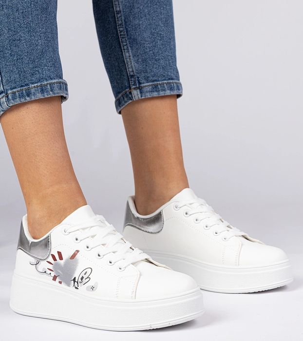 Biało-srebrne sneakersy trampki sportowe damskie Zelinda