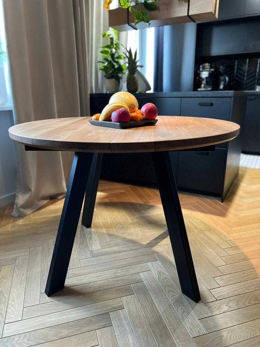 Dębowy rozkładany stół- Okrągły stół rozkładany- loft - industrialny