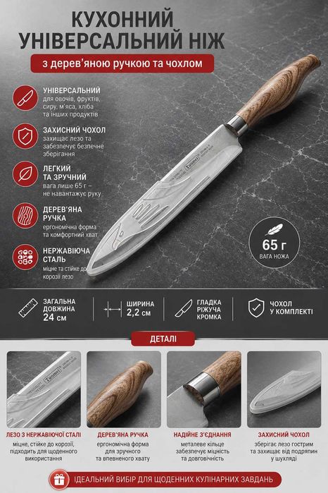 Кухонный универсальный нож с деревянной ручкой и чехлом 24 см